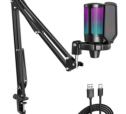 Fifine Gaming Microphone for PC Computer, USB Streaming Condenser Mic Kit with RGB, Quick Mute, Gain Knob, Boom Arm Stand, Pop Filter for Recording YouTube Video-A6T