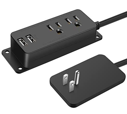 Flat Plug Power Bar with USB Ports, 2 AC Power Outlets with Baby proofing, Desktop Power Strip with 6Ft Flat Extension Cord with USB Ports