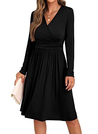 GRECERELLE Women's Fall Dresses for Women Wrap V-Neck Long Sleeve Casual Wedding Guest Dress Black-M