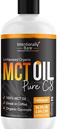 Intentionally Bare Pure C8 Organic MCT Oil - Keto, Paleo, Vegan - Coffee, Shakes, Salads – 100% MCT Oil – Unflavored - 32oz