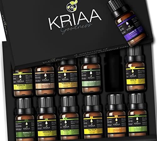 KRIAA Goodness Essential Oils Set 12x10ml, Pure Aromatherapy Kit, Bergamot, Cedarwood, Eucalyptus, Frankincense, Lavender, Lemon, Lemongrass, Peppermint, Ylang-Ylang, Rosemary, Sweet Orange, Tea Tree