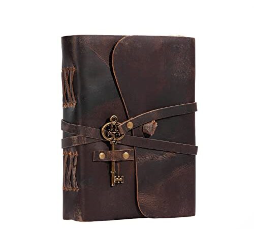 Leather Journal with lined Deckle Edge Paper 8x6 inch and Vintage Key/ Handmade Writing Notebook Diary/ Bound Daily Notepad for Men & Women Medium, Sketch/Writing pad, Gift for Artists