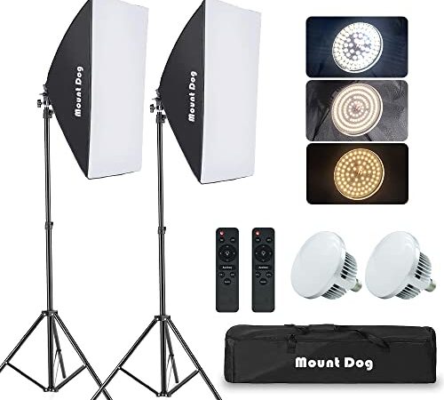 MOUNTDOG Softbox Lighting Kit Studio Photography Continuous Lights Softbox With Dimmable LED 3 Colors Bulbs (85W/5700K), 2 Pcs Remote Control and Adjustable Light Stand for Portraits Fashion Advertising Photo Shooting YouTube Video