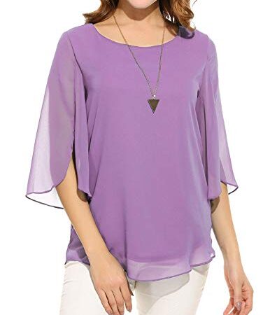 Oyamiki Womens Casual Chiffon Dressy Top Scoop Neck 3/4 Sleeve Double Layers Flowy Blouse Shirt Purple L