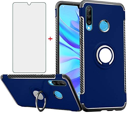 Phone Case for Huawei P30 Lite with Tempered Glass Screen Protector Cover and Magnetic Stand Ring Holder Slim Kickstand Hybrid Rubber Hard Cell Accessories Hawaii P30Lite P 30 30Lite Cases Men Blue