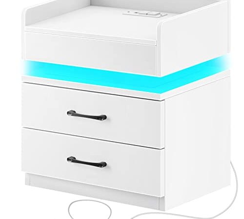 Rolanstar Nightstand -Tool Free Quick Install, with Charging Station and LED Lights, Modern End Table with 2 Drawers, Side Table for Bedroom,White