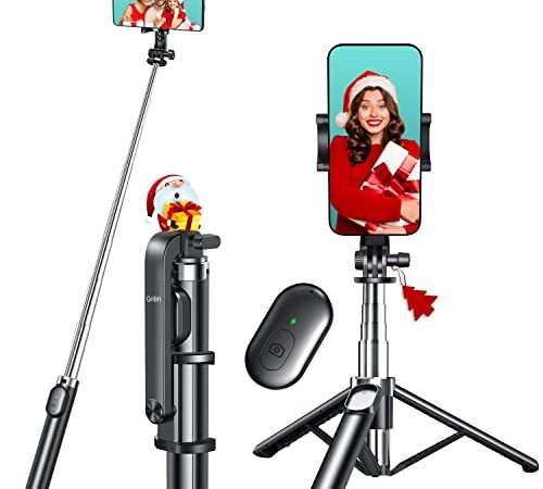 Selfie Stick, Gritin 4 in 1 Selfie Stick Tripod with Bluetooth Remote, 360° Rotation Extendable Ultra Stable Bottom Design Selfie Stick Compatible with iPhone 14/13/13 Pro Max/12/11, Galaxy, Gopro,etc