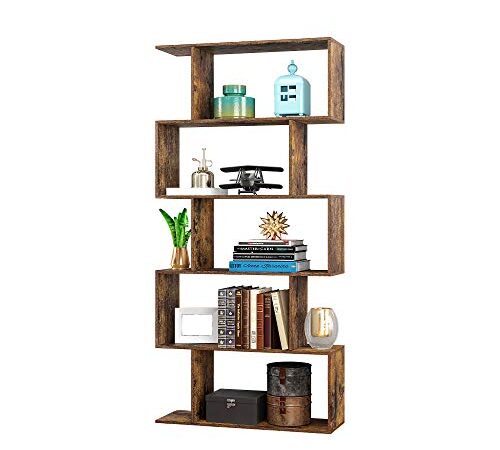 Yusong 5-Tier Bookshelf, S Shaped Bookcase Storage Display Shelf for Living Room, Room Divider for Bedroom/Sturdy Room, Rustic Brown