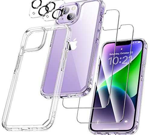 [5 in 1] UniqueMe Designed for iPhone 14 Case with 2 Pack Tempered Glass Screen Protector + 2 Pack Camera Lens Protector, [Military Grade Protection] Slim Thin- Clear