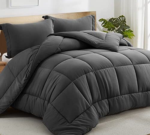 All Season Queen Comforter Set 3 PCs Soft Quilted Down Alternative Comforter+2 Pillow Shams with Corner Tabs,Winter Summer Warm Fluffy,Machine Washable (Queen, Grey)