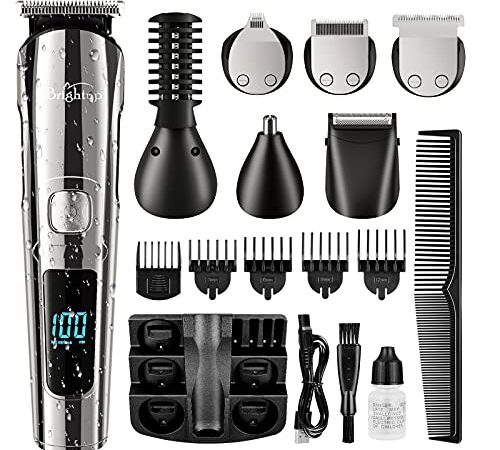 Brightup Beard Trimmer for Men, Hair Clippers & Hair Trimmer, IPX7 Waterproof Mustache Body Nose Ear Facial Shaver, Electric Razor All in 1 Grooming Kit, Gifts for Men, USB Rechargeable & LCD Display