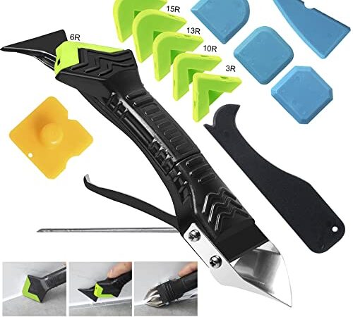 Caulking Tool 5 in 1 Silicone Caulking Grout Removal Tool Sealant Finishing Tool with Grout Scraper, 6 Exchange Silicone Pads, Adhesive Residue Scraper Seam Repair Tool Kit for Kitchen Bathroom