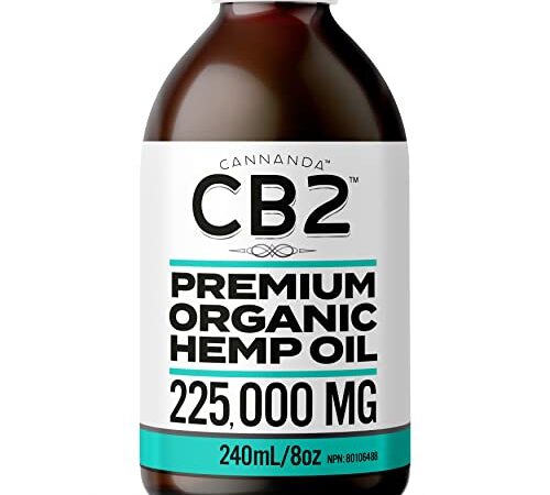 CB2 ORGANIC HEMP OIL - 225,000MG - Extra Strength Formula for Pain, Inflammation, Anxiety, & Stress / Enhances Sleep & Rejuvenates - Extra Large Bottle 240mL/8oz Lasts Longer + 1800mg CB2 Extract for Superior Potency / Organic / Non-GMO / Made in CANADA