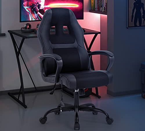 Gaming Chair Office Chair with Massage Function Ergonomic Desk Chair Adjustable PU Leather Racing Chair with Headrest Armrest Lumbar Support Task Rolling Swivel Computer Chair, Black