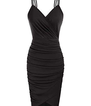 GRACE KARIN Women's Black Cocktail Dress Wrap V-Neck Ruched Short Wedding Guest Dress L