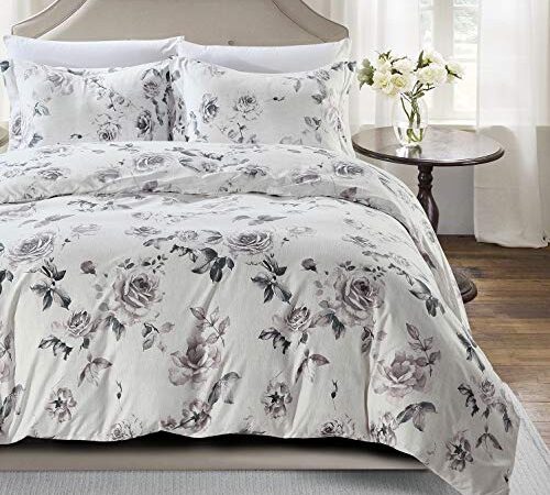 Home Beyond & HB design - 3 Piece Duvet Cover Set, 1 Printed Zipper Closure Duvet Cover with 2 Pillow Shams, Ultra Soft Brushed Microfiber, Queen or Full or Double Size, White Floral