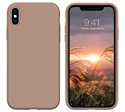 iPhone Xs Max Case, DUEDUE Liquid Silicone Soft Gel Rubber Slim Cover with Microfiber Cloth Lining Cushion Shockproof Full Body Protective Case for iPhone Xs Max 6.5" for Women Men, Light Brown