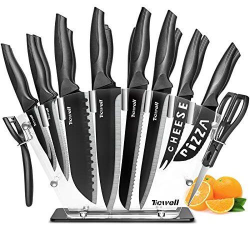 Knife Set TICWELL 19 Pieces Kitchen Knives Set High Carbon Stainless Steel Knife Block Set with Acrylic Stand Includes 15 Knives, Scissors, Peeler,Knife Sharpener and Acrylic Stand