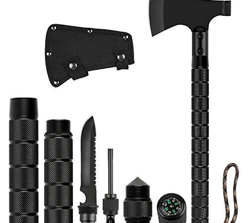 LIANTRAL Survial Camping Axe, Folding Multi-Tool Camp Hatchet with Nylon Sheath Whistle Compass, Black