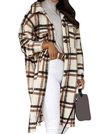 OMZIN Women's Casual Lapel Plaid Tartan Jackets Button Down Trench Shacket Long Coats Camel L