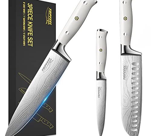 Professional Chef Knife Set German Carbon Stainless Steel Kitchen Knives, 3PCS Ultra Sharp Japanese White Knives Set for Kitchen with Ergonomic Handle for Home or Restaurant