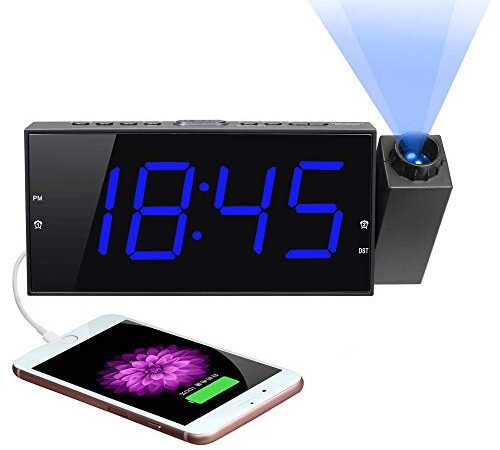 Projection Alarm Clock for Bedroom with USB Charger, 5-Level Dimmer&Volume, 7" Large Screen, 9 Minutes Snooze, Battery Backup Setting, 180° Ceiling Digital Alarm Clock for Kids, Senior, Heavy Sleepers