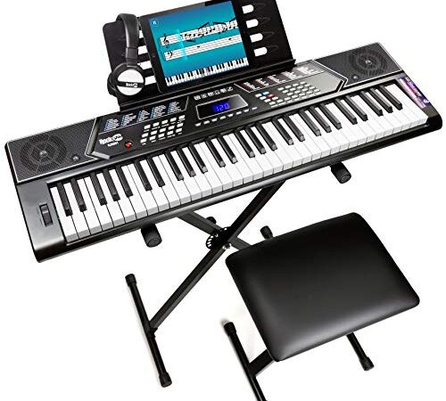 RockJam 61 Key Keyboard Piano With Pitch Bend Kit, Keyboard Stand, Piano Bench, Headphones, Simply Piano App & Keynote Stickers