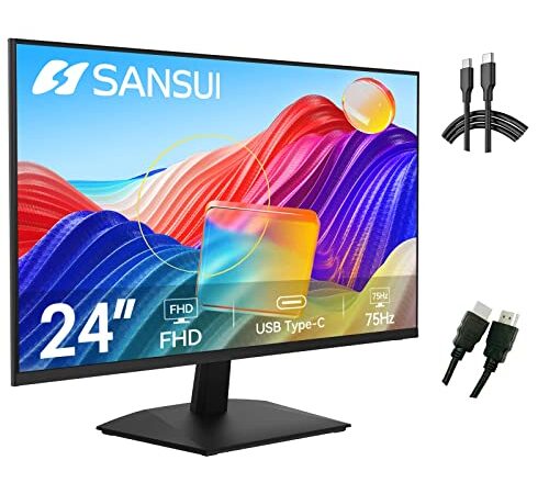 SANSUI Monitor 24 inch with USB Type-C, Built-in Speakers, 75Hz FHD Computor Monitor, Ultra-Slim Ergonomic Tilt with HDMI, VGA (ES-24F1 Type-C Cable and HDMI Cable Included)