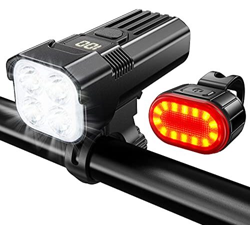 USB Rechargeable Bike Head and Tail Light Set, 2000 Lumen Headlight, 5 Lighting Modes, IP65 Waterproof Mountain Road Bike Lights, Equipped with LED Display, 6 Modes for Rear Light, Suitable All Bikes