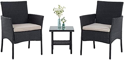 Wicker Patio Furniture 3 Piece Furniture Patio Chairs Outdoor Rattan Conversation Bistro Set for Backyard Porch Poolside Lawn（Black）