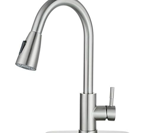 WOWOW Single Handle High Arc Pull Out Sprayer Kitchen Faucet Lead-Free Stainless Steel Kitchen Sink Faucet 360 Swivel Modern Brushed Nickel Pull Down Head Commercial Faucets with Deck Plate