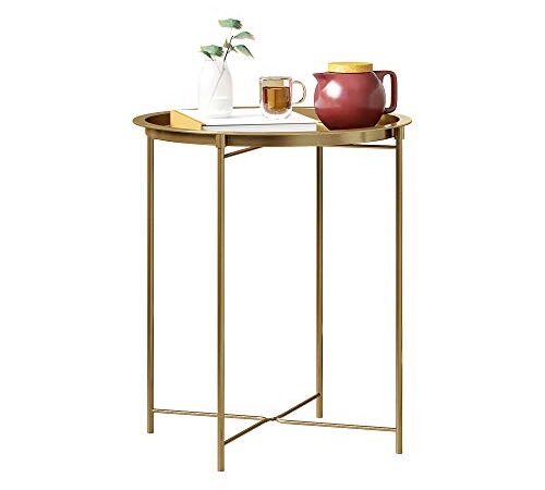 Function Home End Table, Folding Metal Side Table, Round Sofa End Table, Small Coffee Table, Outdoor Indoor Snack Table, Accent Table with Removable Tray for Living Room Bedroom Balcony, Gold