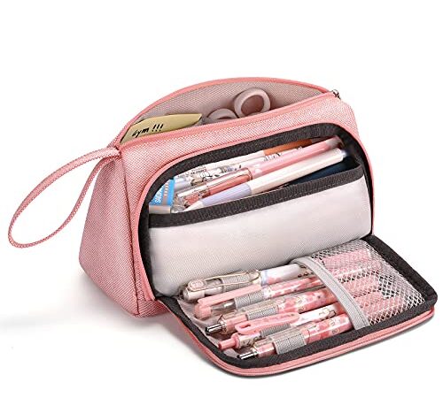 Mokani Big Capacity Pencil Case Organizer, Canvas Pen Pencil Pouch with Handle, Stationery Storage Cosmetic Bag School Supplies for Middle High School College Students Girls Teens Adults Office (Pink)