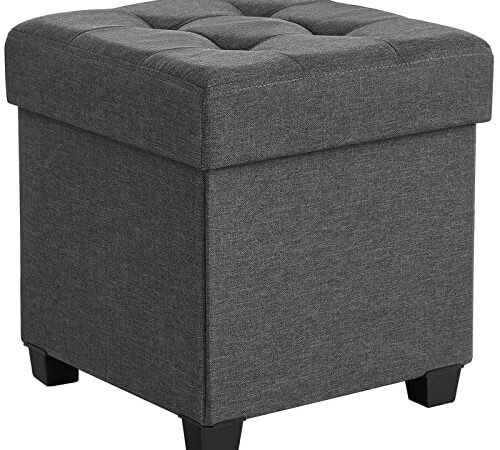 SONGMICS 15 Inches Cube Storage Ottoman, Foot Stool with Solid Wooden Feet, Dark Grey ULSF14GYZ