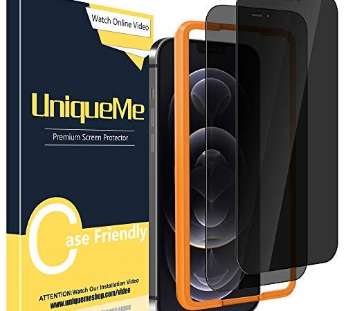 [2 Pack] UniqueMe Anti Spy Privacy Screen Protector Compatible for iPhone 12 Pro Max 6.7 inch, [Easy Installation Frame] [Anti-Scratch] [Bubble Free] HD Clear Anti Glare Tempered Glass Film