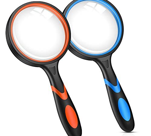 2PCS Upgrade 10X Magnifying Glass, Large Handheld Magnifier Magnafying. Glasses for Kids/Seniors Reading, 3 Inch Shatterproof Lupa Magnify Glass Lens, Rubber Handle of Perforating Design - Observation