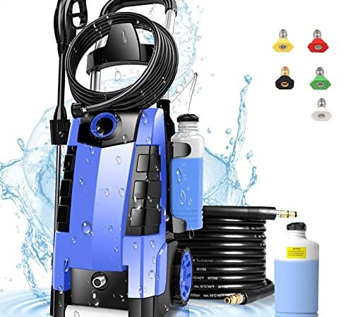 Electric Pressure Washer Power Washer TEANDE Power Washer Electric Powered with Adjustable Spray Nozzle Foam Cannon Hose Reel Great for Cars Fences Patios Cleaning (Blue)