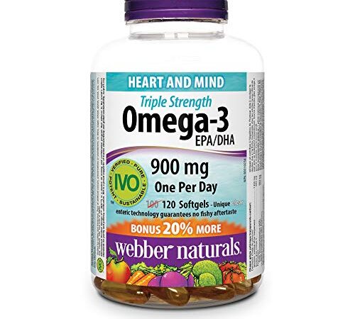 Webber Naturals Omega-3 900 mg Triple Strength, 120 Clear Enteric No Fishy Aftertaste Softgels, Supports Cardiovascular Health and Brain Function