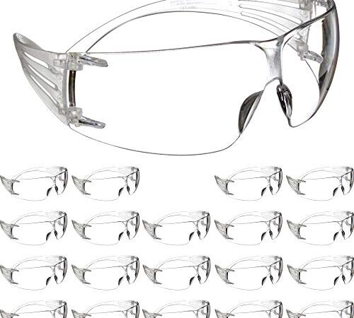 3M Safety Glasses, SecureFit, 20 Pack, ANSI Z87, Anti-Fog Anti-Scratch Clear Lens, Clear Frame, Flexible Temples