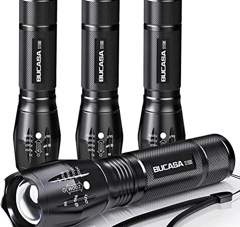 4 Pack LED Tactical Flashlight, BUCASA Ultra Bright Flashlight High Lumens, Pocket Handheld Flashlights with Adjustable Focus & 5 Modes, Waterproof Flash Light for Camping, Hiking, Outdoor, Emergency