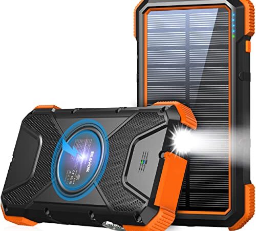 BLAVOR Solar Power Bank PD 18W QC3.0 Fast Wireless Charger 10W/7.5W/5W Four Outputs/Two Inputs 20000mAh External Battery Pack USB C Input/Output IPX5 Waterproof Super Bright Flashlight Compass(Orange)