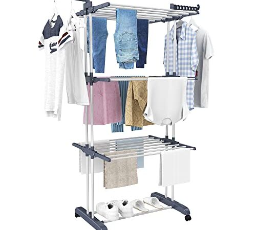 Clothes Drying Rack,4-Tier Foldable Clothes Hanger Adjustable Large Stainless Steel Garment Laundry Racks with 4 castors