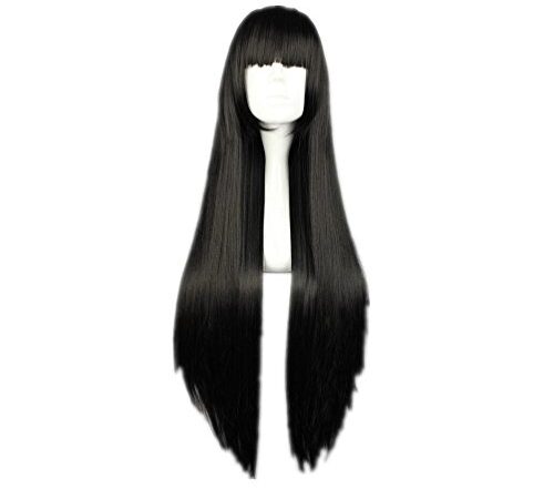 COSPLAZA Cosplay Wig Long Straight Flat Bang Synthetic Wig Anime Black Hair