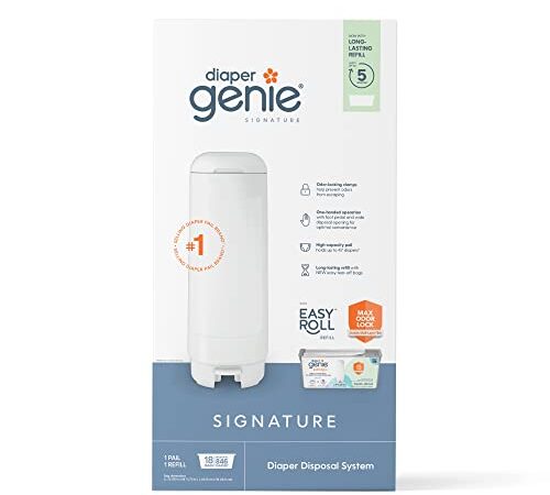 Diaper Genie Signature Pail Includes 1 Easy Roll Refill with 18 Bags | Holds Up to 846 Newborn-Sized Diapers Per Refill