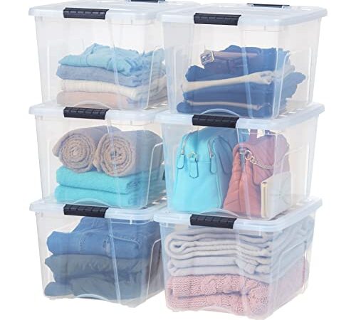 IRIS USA 40 Qt. Plastic Storage Bin Container with Durable Lid and Secure Latching Buckles, 6-Pack, Sturdy Stackable and Nestable Organizer Tote with Pull Handle for Easy Access and Storage, Clear