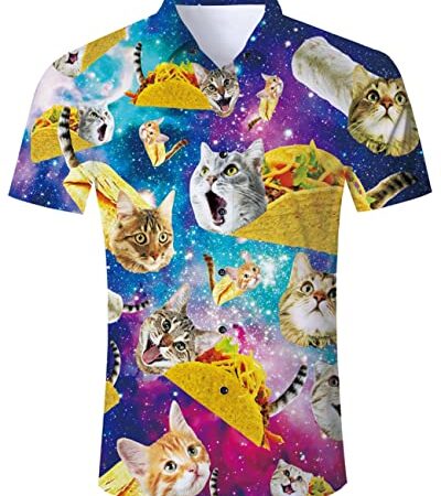 Kimoda Men's Novelty Button Down Shirts Pizza Cat Printed Short Sleeve Hawaiian Shirts Men Size L