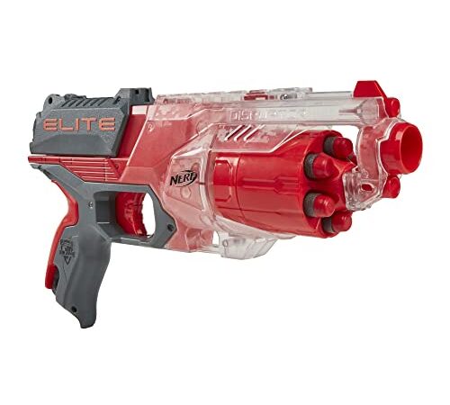 Nerf Elite Disrupter Blaster -- 6-Dart Rotating Drum, 6 Official Nerf Elite Darts, Slam Fire, Translucent Red, Amazon Exclusive