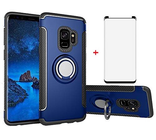 Phone Case for Samsung Galaxy S9 Plus with Tempered Glass Screen Protector Cover and Stand Ring Holder Hybrid Cell Accessories Glaxay S9+ 9S 9+ S 9 9plus S9plus Cases Men Blue Shockproof Soft TPU