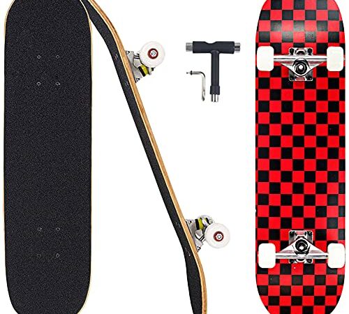 Pwigs Pro Complete Skateboards for Beginners Adults Youths Teens Girls Boys 31"x8" Skate Boards 7 Layers Deck Maple Wood Longboards(Red)