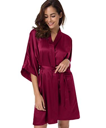 SIORO Womens Kimono Robe Bridesmaids Satin Robes Silk Lightweight Nightwear V-Neck Sexy Sleepwear Pajamas Short Bathrobe Loungewear Pure Color, Burgundy, M